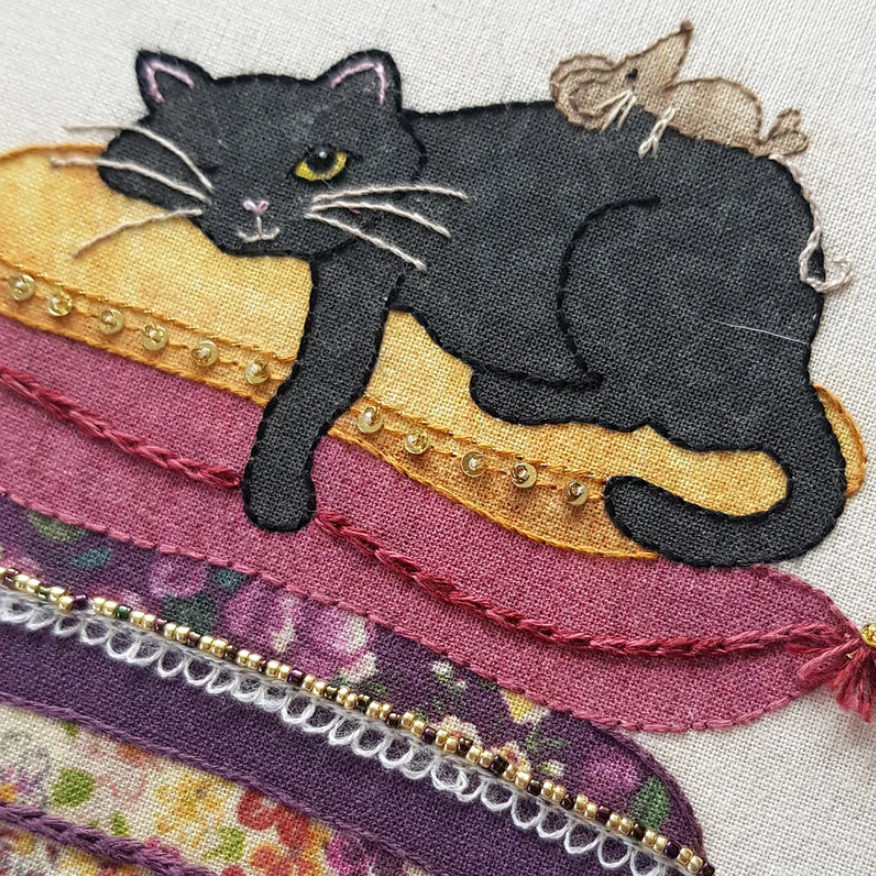 Beaks and Bobbins Cat on Cushion Hand Embroidery Kit